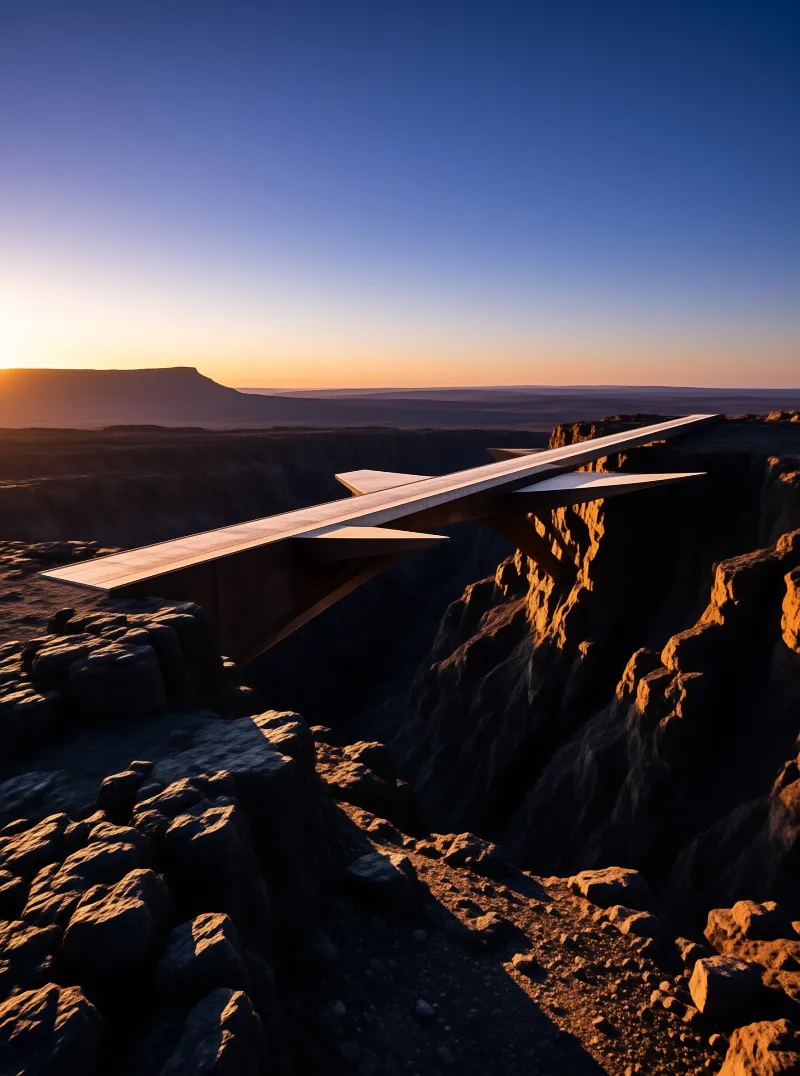 A narrow modern deck crosses a deep gorge while warm sunset light fills the canyon walls