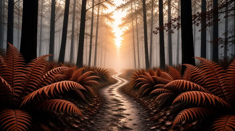 A narrow dirt road winds through a foggy woodland flanked by large orange ferns under a bright sun.