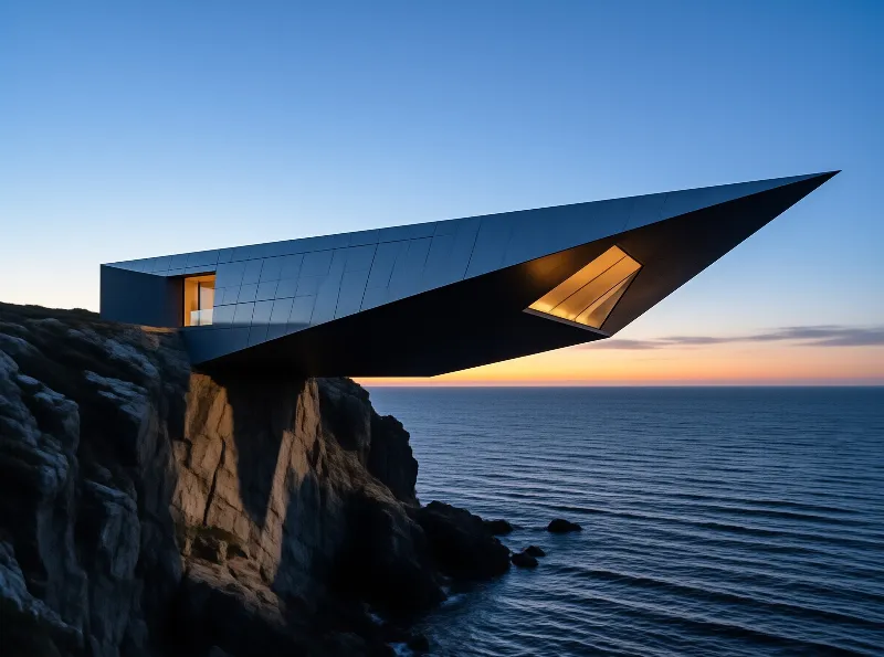 A sharp structure cantilevers from a cliff edge with warm lights visible against the twilight ocean horizon.