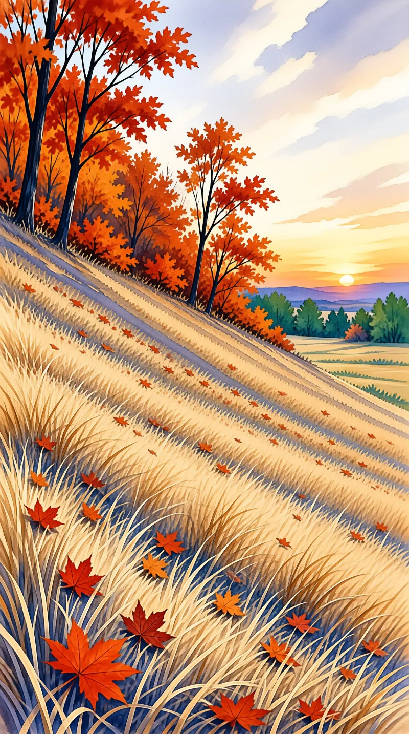 A stylized painting shows bright red maple trees on a grassy slope with a setting sun casting warm light over distant fields.