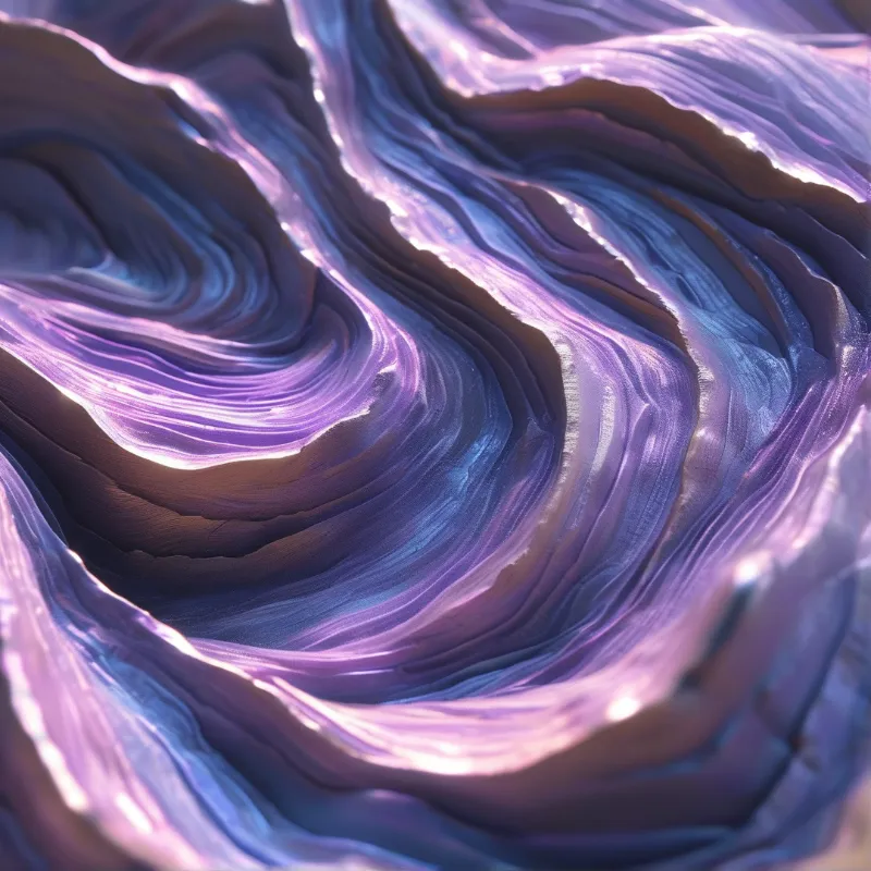 A close view of smooth purple rock formations featuring wave like patterns and bright highlights along the ridges.