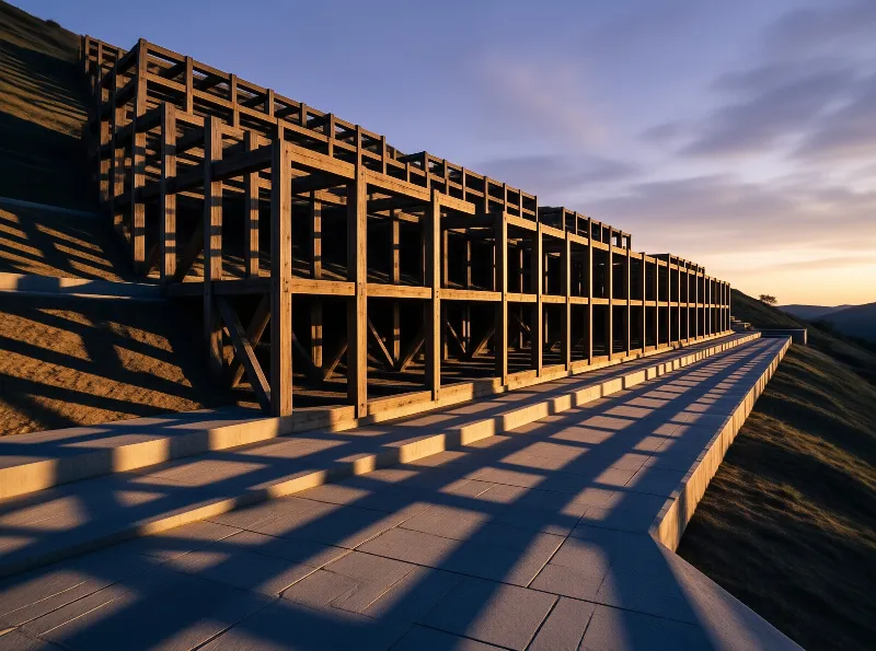 A long wooden framework structure sits on a grassy slope beside a paved walkway, casting long shadows at sunset.