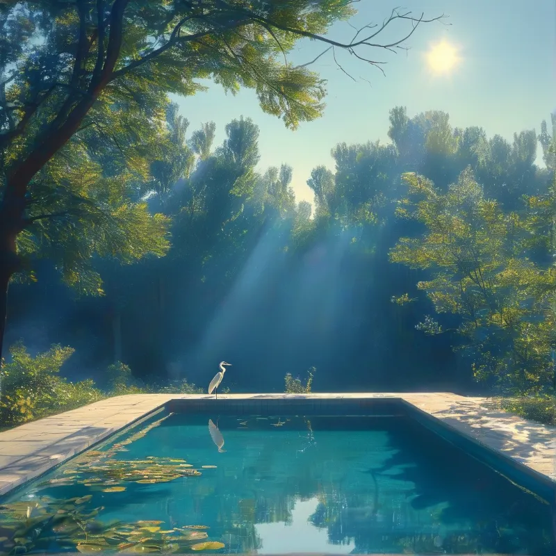 A white bird rests on the rim of a blue pool surrounded by dense trees and bright sunlight filtering through the foliage.