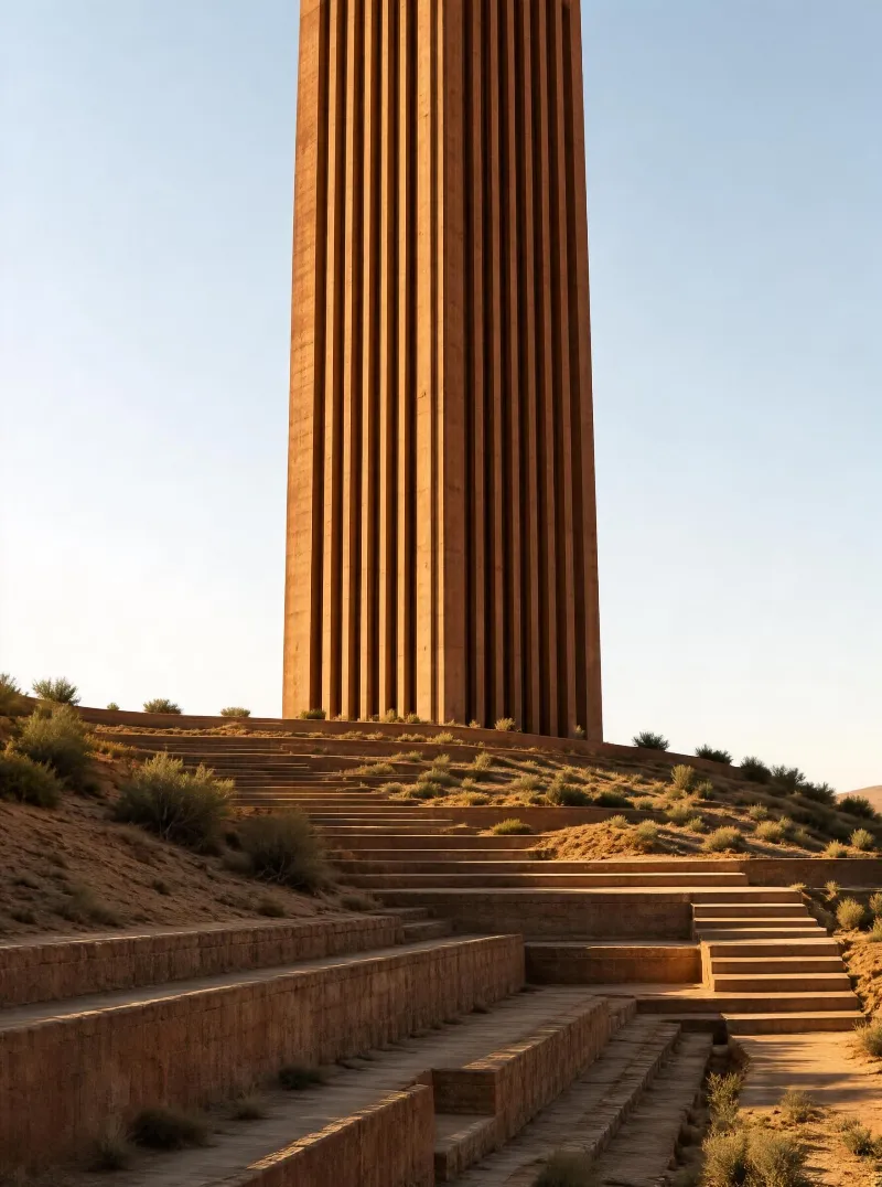 A tall concrete tower with vertical slits stands on a desert hillside, surrounded by steps and sparse vegetation under warm golden light.