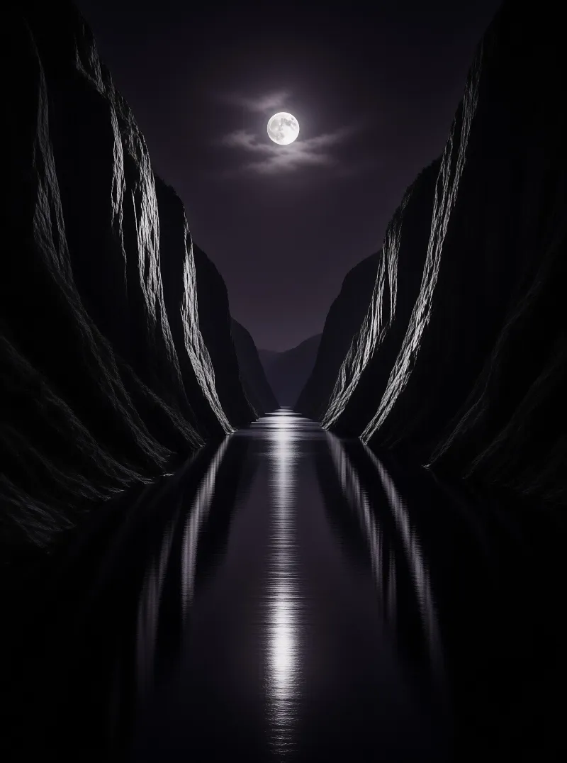A dark river flows between steep cliffs under a bright full moon that casts a long reflection across the water surface.