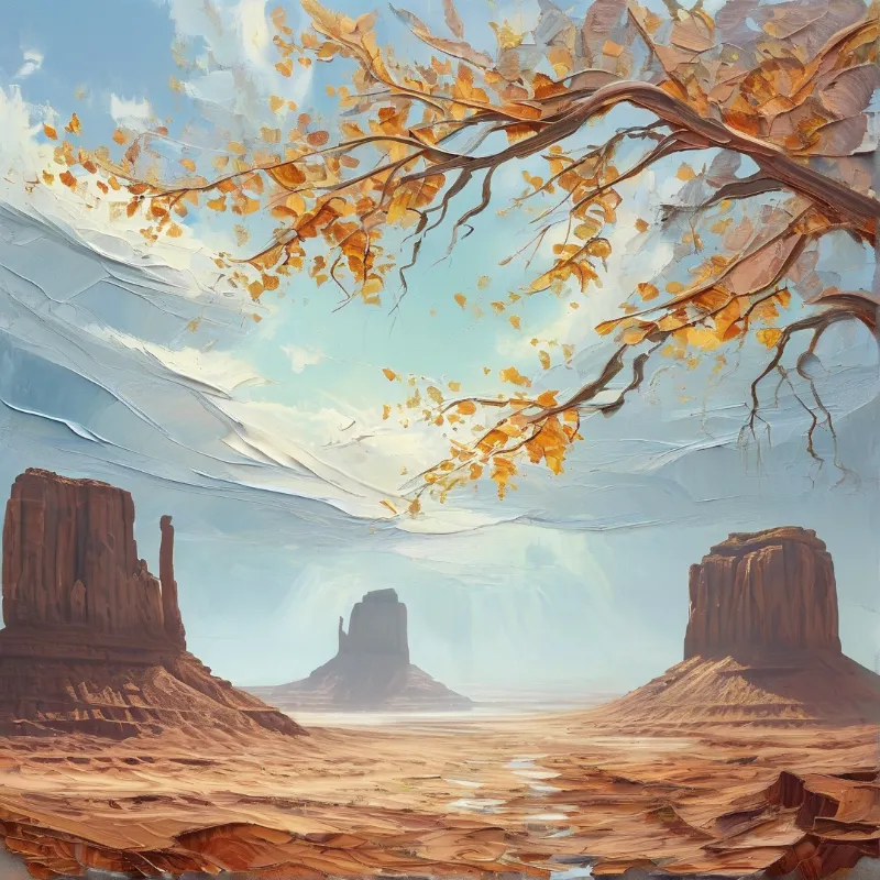 Thick impasto brushwork renders rust-toned desert mesas beneath orange autumn foliage and a cloudy sky.