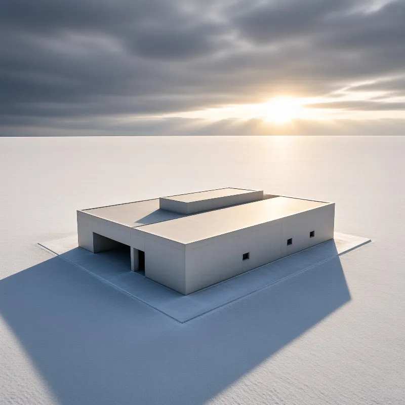 Minimalist concrete structure isolated on a vast white salt flat under a dramatic cloudy sky with the sun near horizon.
