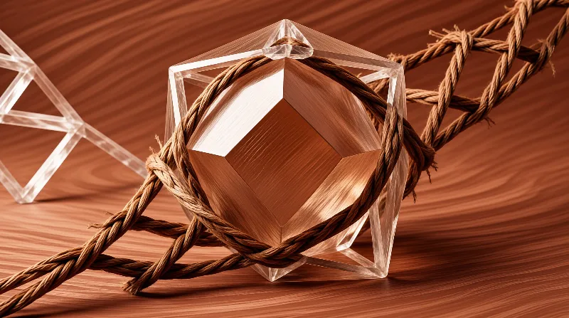 Twisted natural cord binds a faceted wooden gem resting on a rich mahogany tabletop