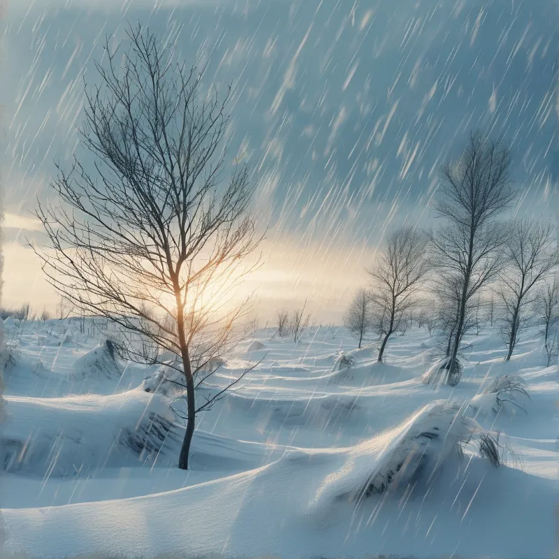 A leafless tree stands alone in a snowy landscape with snowfall and the sun shining through its branches