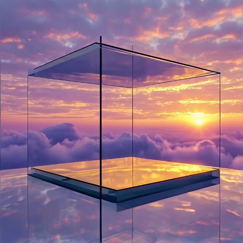 A transparent glass cube floats above a reflective surface during a colorful sunset.