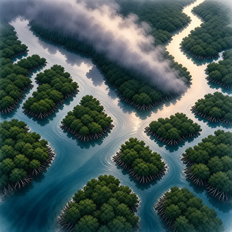 Aerial view of green mangrove islands scattered in blue water with swirling currents under dark clouds.