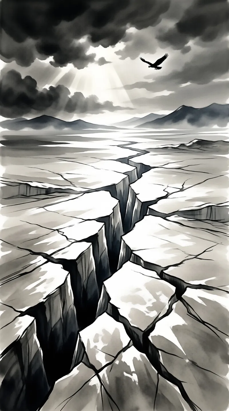 Monochrome cracked desert with distant mountains and sunlight piercing through dark clouds as a bird soars overhead