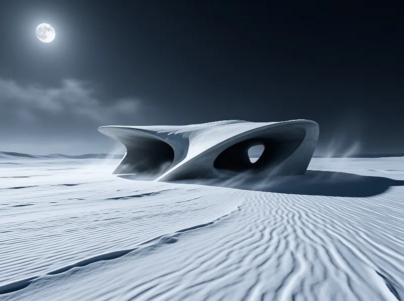 A sculptural pale structure with hollow arched openings sits on rippled snow as wind drifts under a bright full moon.