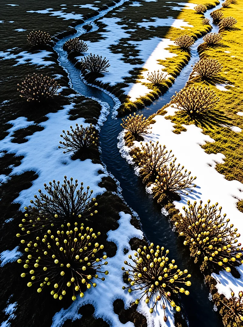 Aerial view of golden bud shrubs flanking a narrow stream, dark banks dotted with snow patches in warm angled sunlight.