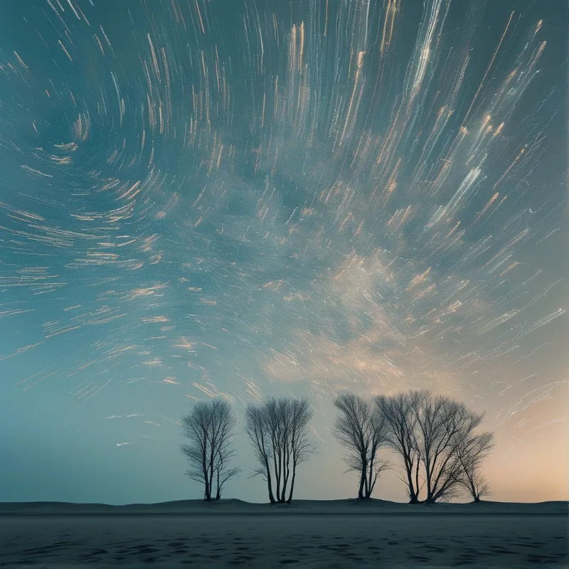 Grouped leafless trees stand on snowy ground beneath a sky filled with radiating star trails and a gradient horizon.