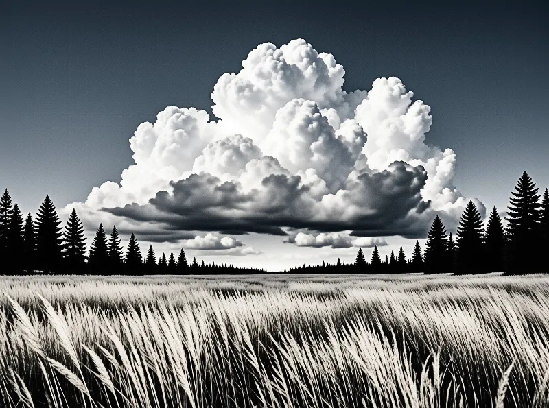 A monochromatic landscape features a wheat field stretching toward a pine tree line beneath massive bright cumulus clouds.