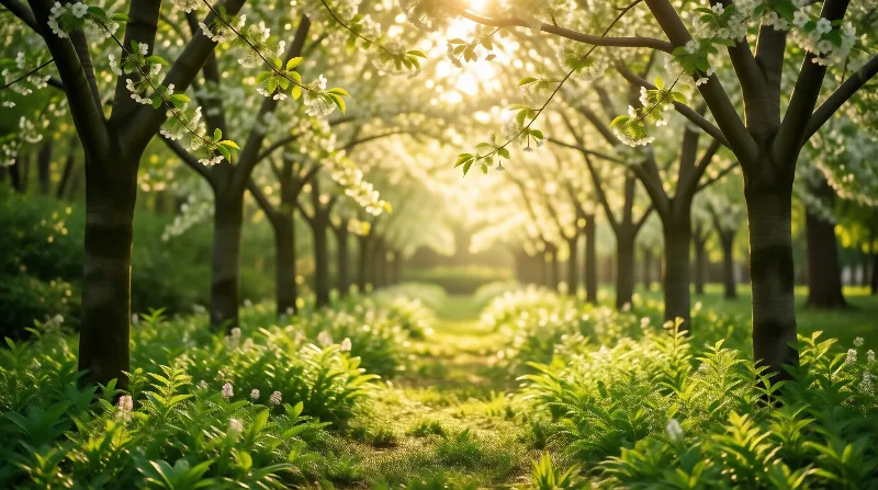 Sunlit Spring Orchard Path