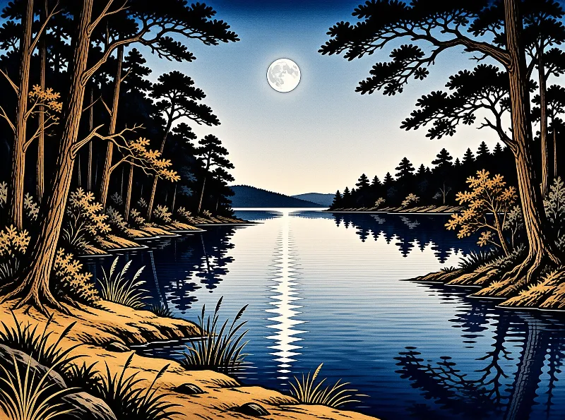 Tall pine trees frame a calm lake at night where a bright full moon casts a long shimmering reflection across the dark water.