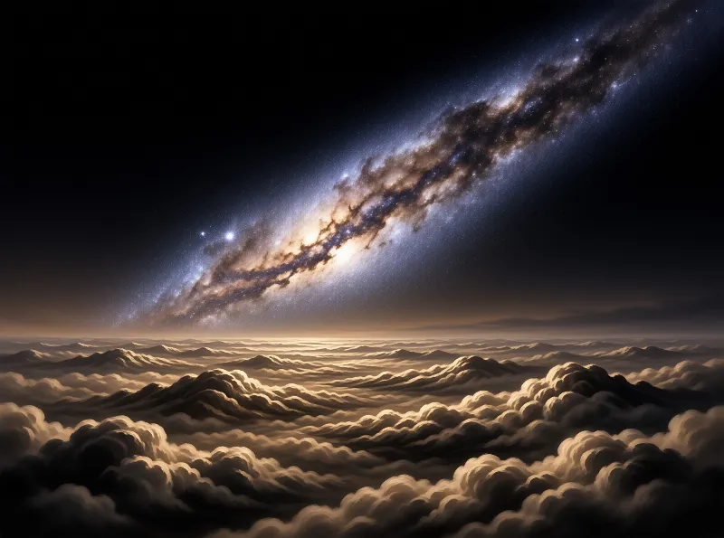 A bright band of stars stretches diagonally across a dark sky above a rolling ocean of clouds illuminated by faint light.