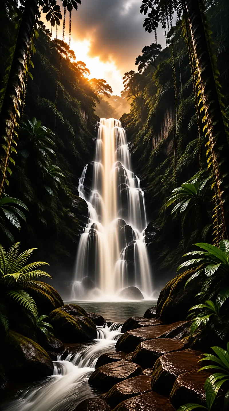 Tiered water flows down dark cliffs illuminated by bright sunlight breaking through the canopy above.