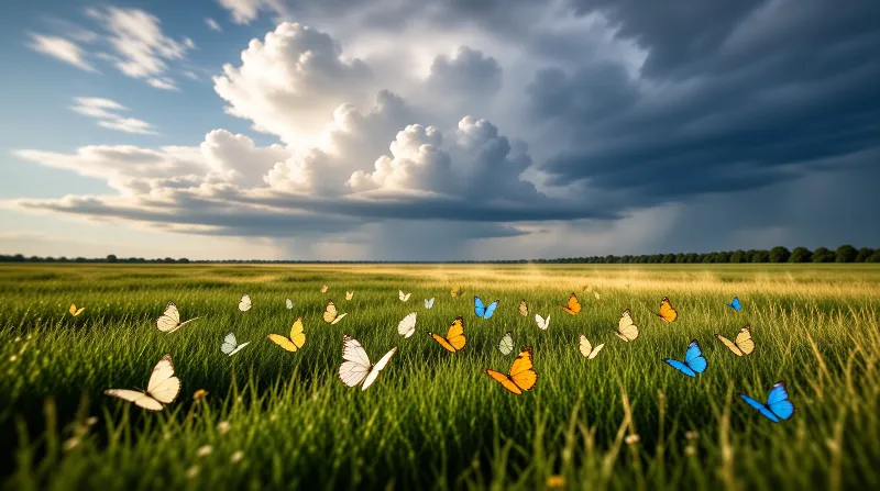 White orange and blue butterflies fly above a sunlit green field as dark storm clouds gather over the treeline.