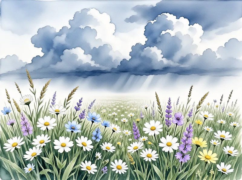 A watercolor illustration depicts a lush meadow filled with white daisies purple lavender and blue cornflowers under a sky heavy with clouds where beams of sunlight break through to illuminate the grassy landscape.