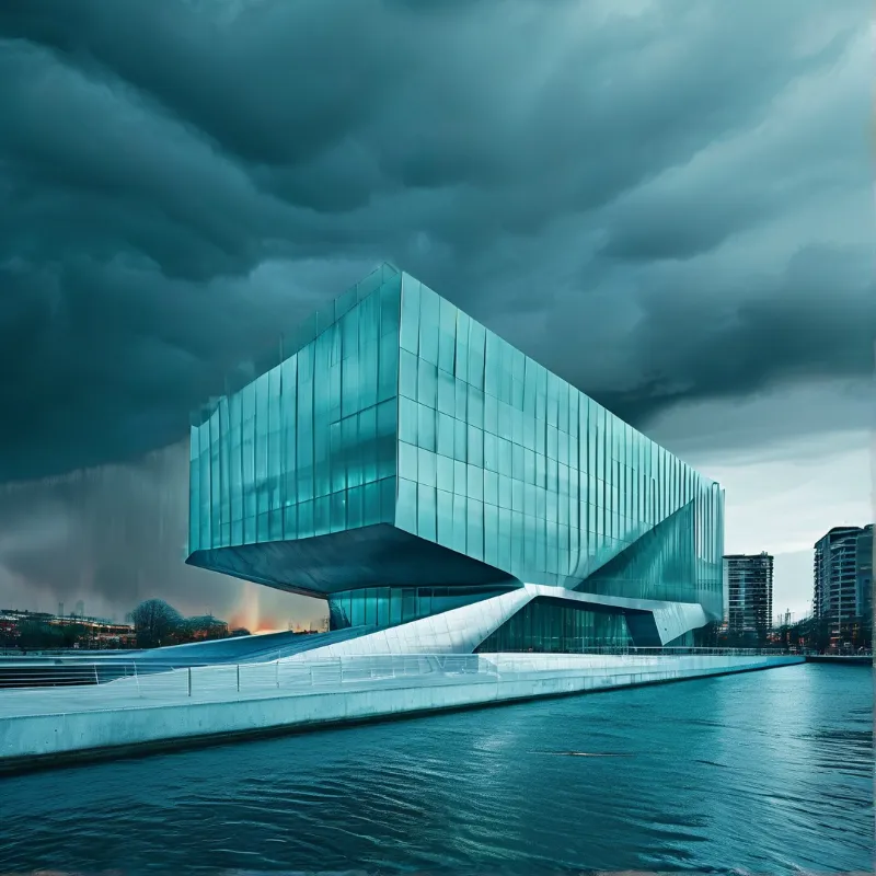 Angular glass architecture hovers over a waterfront plaza while rain falls beneath a heavy gray sky.