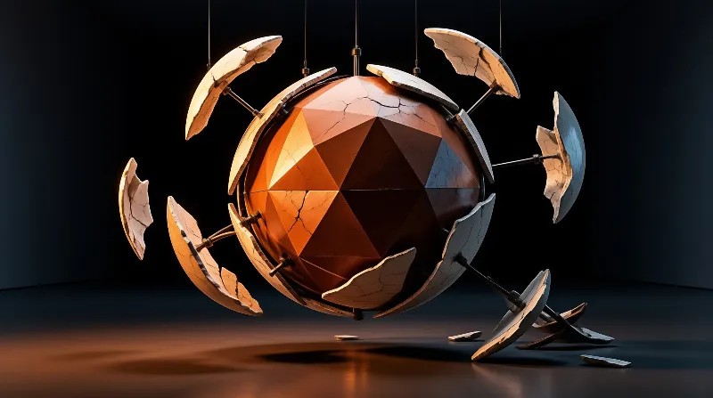 A fractured orange polyhedron hangs among broken shell fragments suspended in a dark studio.