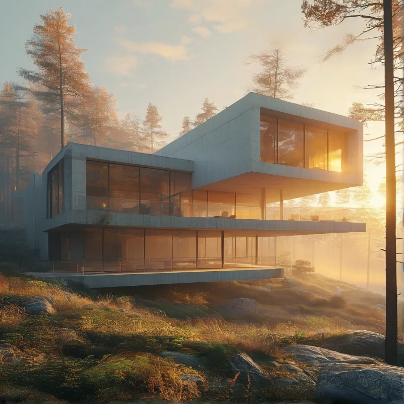 Modern Forest House at Sunset