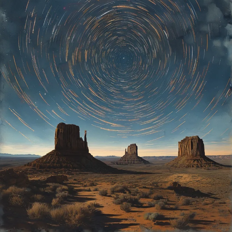 Long exposure night sky shows swirling star trails above desert buttes and dry scrub.
