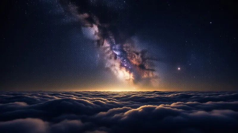 A starry Milky Way galaxy stretches across the dark sky above rolling clouds lit by a warm horizon glow.