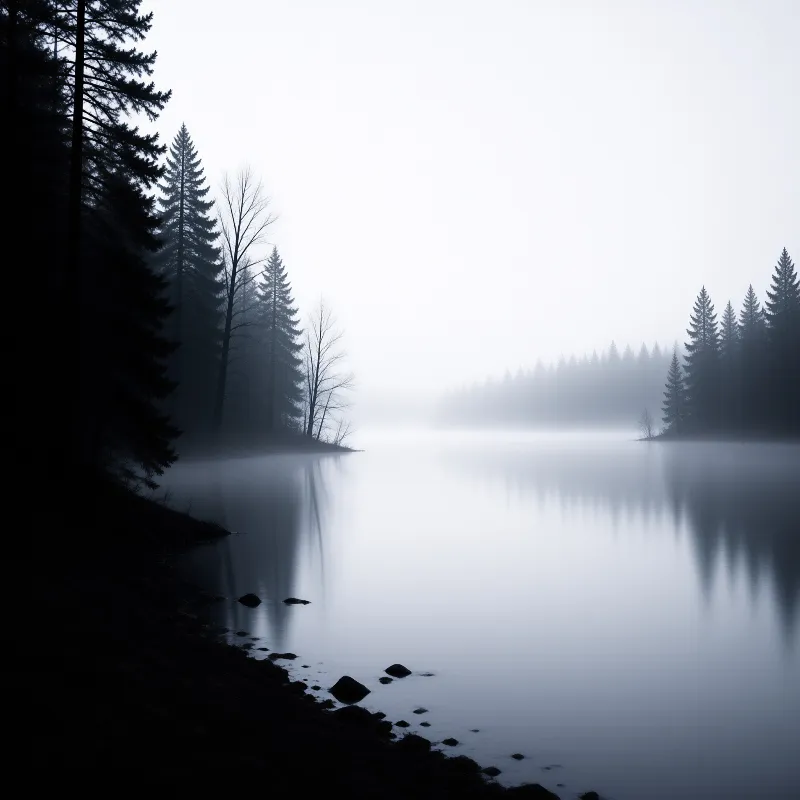 Dark silhouettes of coniferous trees frame the left side of a calm lake covered in thick morning mist