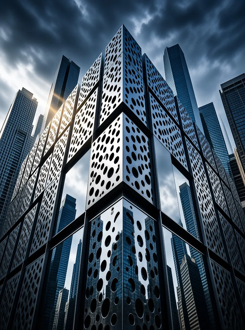 Low angle view of a perforated tower among glass skyscrapers under dark clouds with sunlight breaking through.