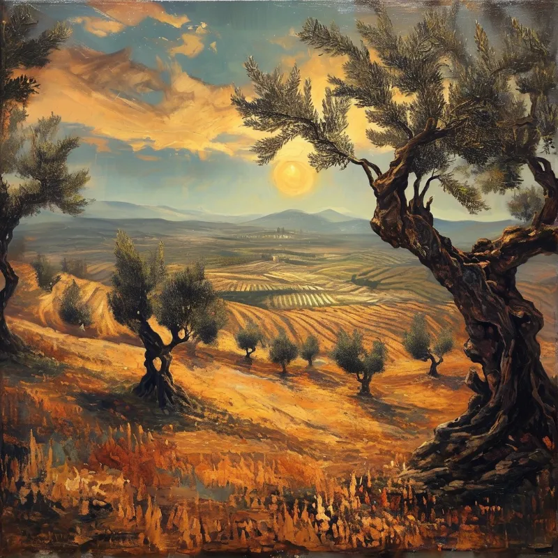 Thick gnarled olive trunks lean across golden plowed slopes beneath a pale sun and streaked impasto clouds.
