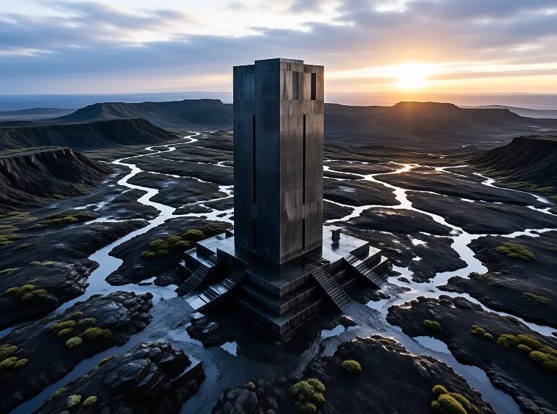 A massive concrete tower rises from a stepped platform surrounded by winding rivers in a dark valley during sunset.