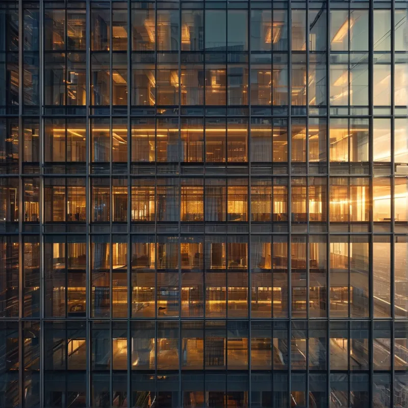 Dark glass panels form a grid on the building exterior while warm orange light glows from the offices inside at dusk.