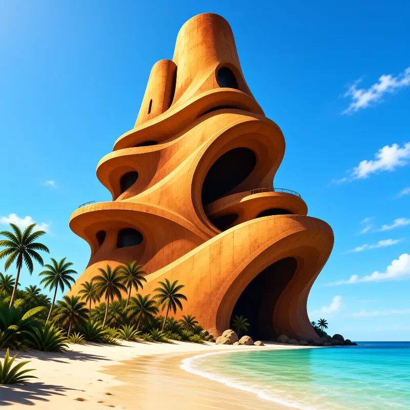 An organically shaped orange tower with hollow openings rises above a sandy beach lined with palm trees and turquoise water.