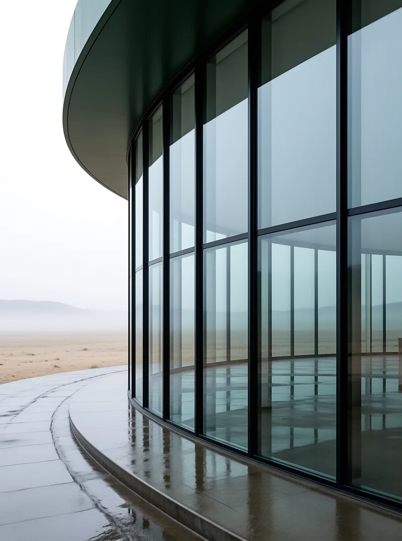 Curved glass walls face a foggy desert while wet pavement reflects the structure under an overcast sky.