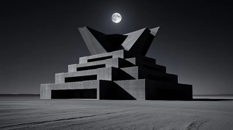 A stark geometric building rises from a flat desolate landscape under a luminous full moon.