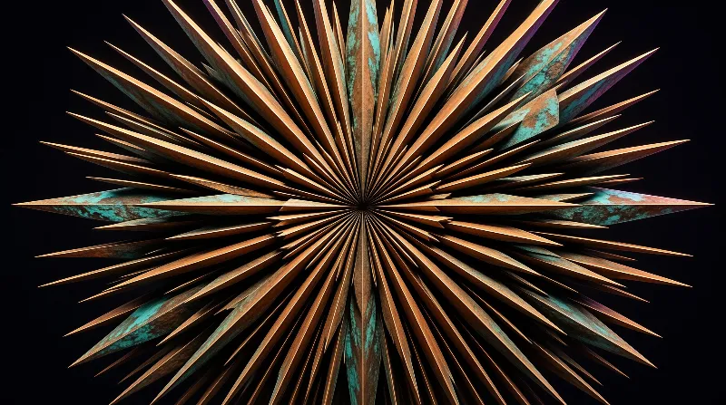 A radial bronze sculpture radiates outward against a black background showing visible teal patina on the metal surfaces.