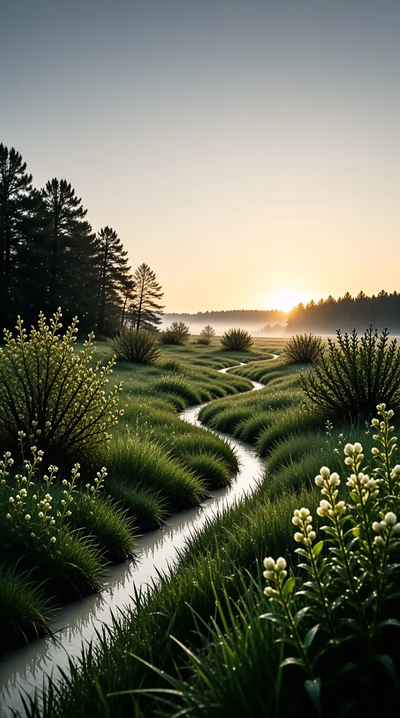 A winding stream flows through green marshlands with white flowers in the foreground and mist rising under a golden sunrise.