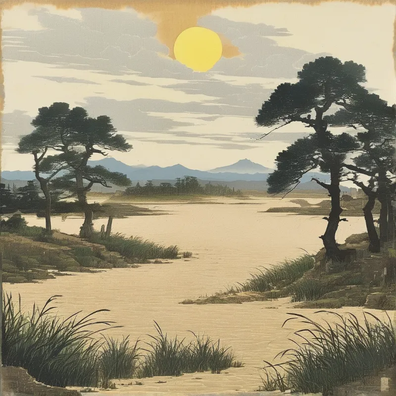 A broad river winds through a valley lined with dark trees while a bright yellow disc hangs in the cloudy sky.