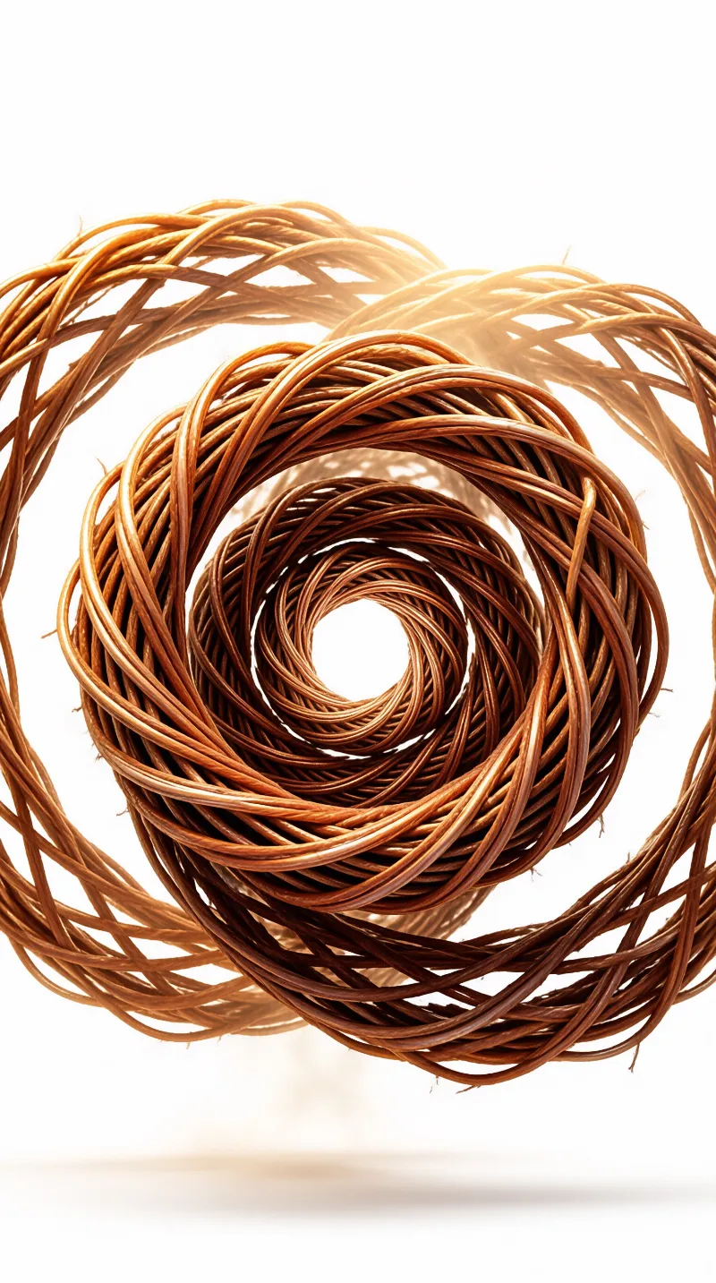A spiraling tornado of brown twisted fibers rotates against a white background with soft lighting showing the texture.