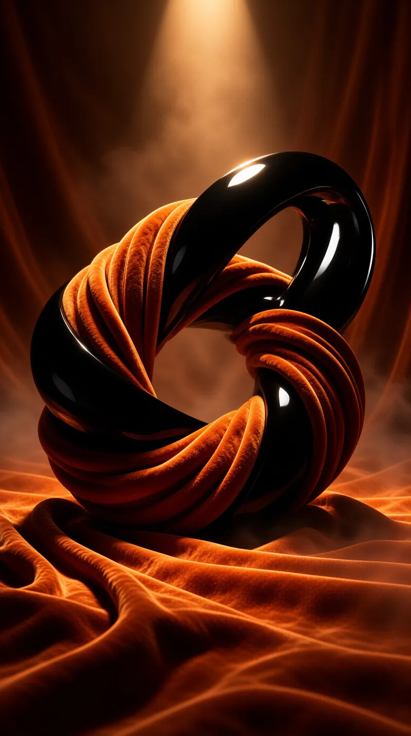 A glossy black and fuzzy orange twisted ring rests on a bed of draped rust-colored velvet under dramatic warm lighting.