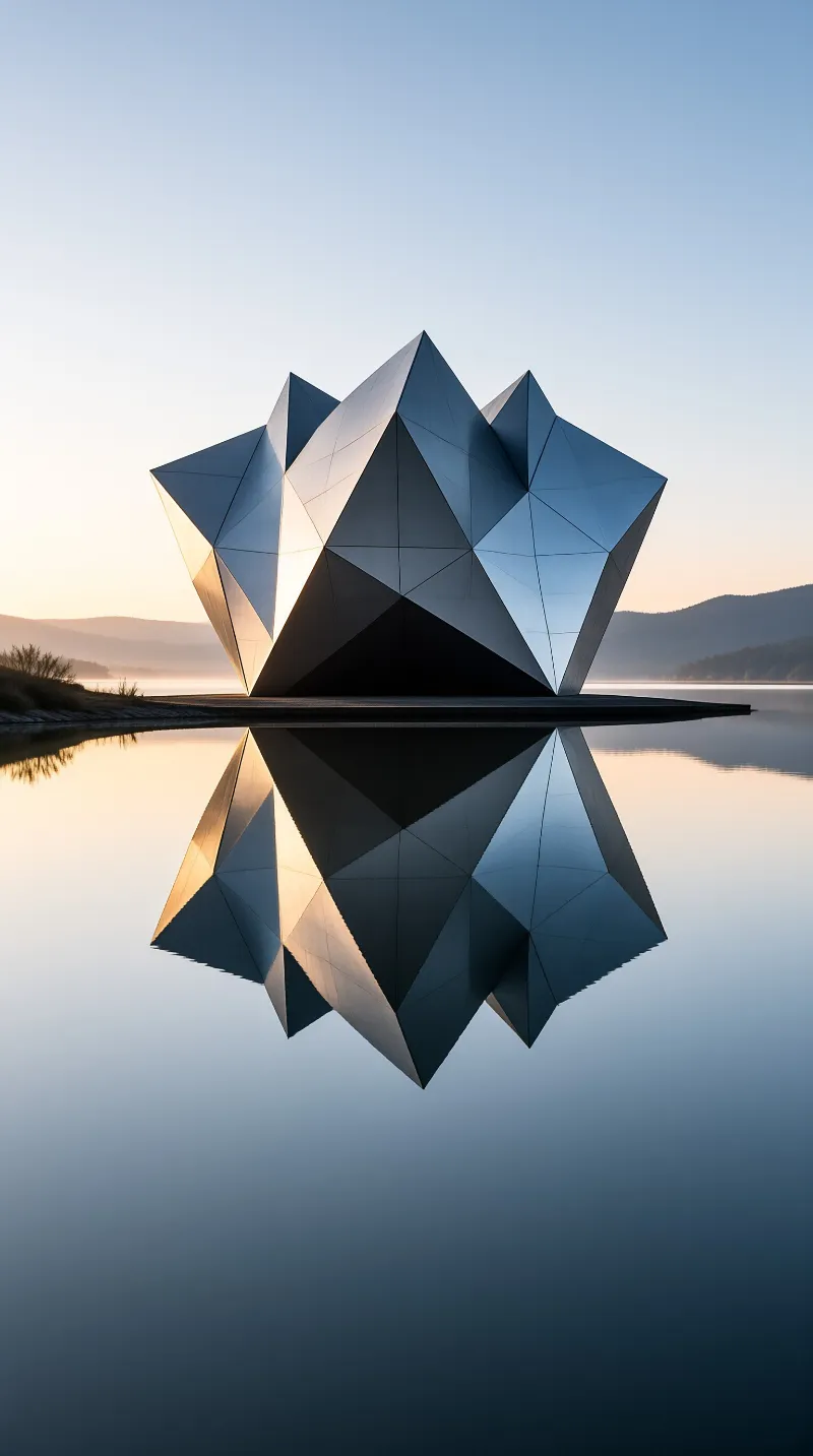 A geometric metal sculpture rests on a pier over still water, mirroring beneath golden dawn light against distant hills.