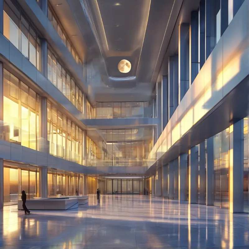 Spacious office lobby glowing with warm light through large glass windows and a bright moon visible above.