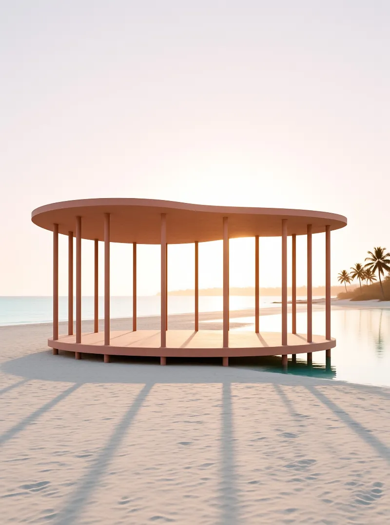 Minimalist circular wooden structure on a beach with vertical columns casting long shadows in golden hour light