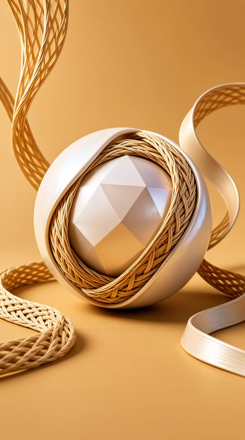 Braided golden vines coil around a glossy faceted orb as looping ribbons unfurl across a warm amber stage.