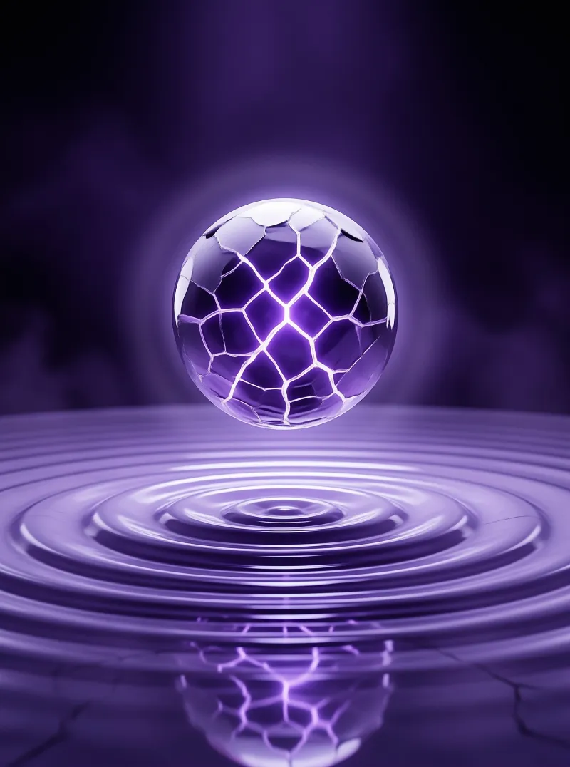 A translucent sphere with a glowing purple web pattern hovers above a rippling liquid surface reflecting its light.