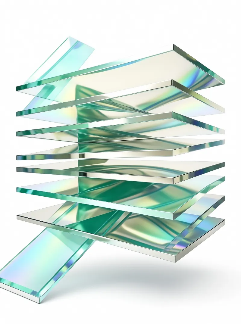 Transparent rectangular panels arranged in a zigzag stack displaying shifting green and blue iridescent hues.